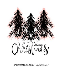 Merry Christmas Hand Drawn christmas tree and lettering isolated on white. Cute xmas holiday background for postcards, invitations, greeting cards, banners, posters, etc. Made in vector