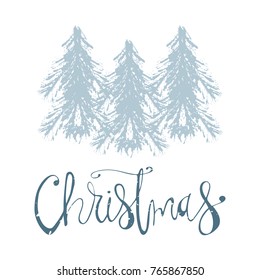 Merry Christmas Hand Drawn christmas tree and lettering isolated on white. Cute xmas holiday background for postcards, invitations, greeting cards, banners, posters, etc. Made in vector