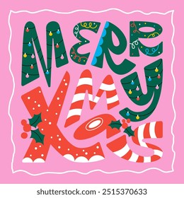 Merry Christmas hand drawn trendy shapeshifting graffiti lettering. Merry Xmas inscribed in a square shape. Bold uneven warped distorted cartoon letters. Poster, greeting card colorful illustration.