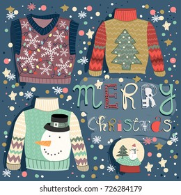 Merry christmas. Hand drawn various christmas sweaters. Colored vector greeting card