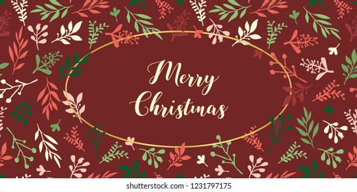 Merry Christmas hand drawn vector Christmas holiday illustration. Hand drawn red green leaves on red background with gold foil ellipse. For posters, blog, card, decoration, december, party, invitation