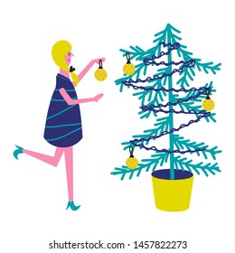 Merry Christmas hand drawn vector greeting card. Cute vector illustration. Young blond woman decorates christmas tree. Winter holiday poster, banner, template.- Vector