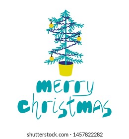Merry Christmas hand drawn vector greeting card. Cute vector illustration. Fir tree with christmas balls. Winter holiday poster, banner, template.- Vector