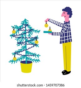 Merry Christmas hand drawn vector greeting card. Cute vector illustration. Young man decorates christmas tree. Winter holiday poster, banner, template.- Vector