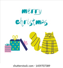 Merry Christmas hand drawn vector greeting card. Cute vector illustration. Yellow cat sitting near christmas gifts. Winter holiday poster, banner, template.- Vector