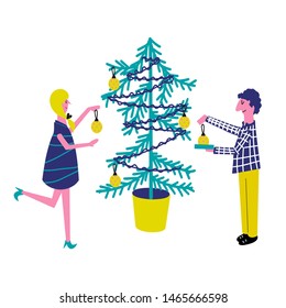 Merry Christmas hand drawn vector greeting card. Cute vector illustration. A couple decorates christmas tree. Winter holiday poster, banner, template.- Vector