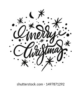 Merry Christmas hand drawn vector lettering. Night stars and moon illusration. Isolated on white background.