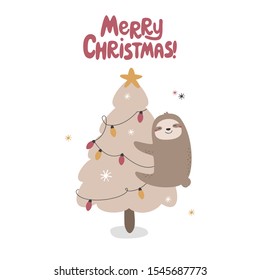 Merry Christmas hand drawn vector print. Greeting card with cute sloth, Christmas tree, snowflakes and lettering