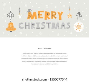 Merry Christmas hand drawn vector lettering. Winter holiday flat text template with Christmas decorations in gray and yellow colors. Christmas quote