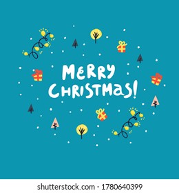 Merry Christmas hand drawn vector lettering. Illustration in circular shape