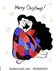 Merry Christmas hand drawn vector illustration, greeting card with love couple. Young black haired couple in love wrapped in a patchwork quilt enjoy each other and the warm evening home.