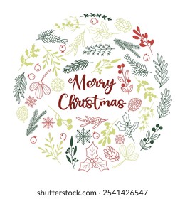 Merry Christmas hand drawn vector round illustration, holiday print with winter plants