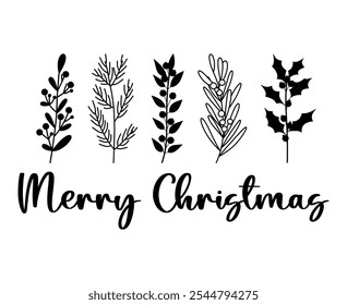 Feliz Natal mão desenhada ilustração vetor, impressão de feriado com ramos de inverno