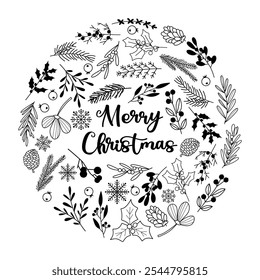 Feliz Natal mão desenhada vetor redondo ilustração, impressão de férias com plantas de inverno