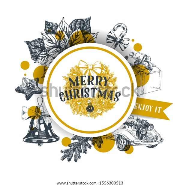 Merry Christmas hand drawn vector greeting card\
template. Xmas wishes message in round frame with decorative\
wreath. Winter holiday symbols monochrome sketches. New year social\
media banner design