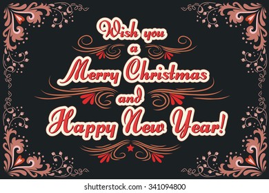 Merry Christmas!. Hand drawn Vintage greeting card. Lettering. 
