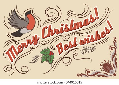 Merry Christmas!. Hand drawn Vintage greeting card. Lettering. Vector/EPS 10