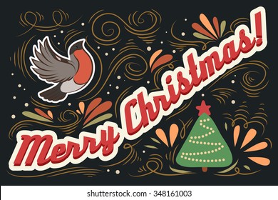 Merry Christmas!. Hand drawn Vintage greeting card. Lettering. Vector/EPS 10