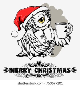 Merry Christmas. Hand drawn winter holiday poster with Owl Santa Claus. Can be used as a greeting card, print design or poster