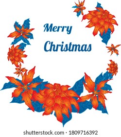 Merry Christmas hand drawn wreath. Christmas star. Greeting card design element. Red and white. Hand drawn red poinsettia.