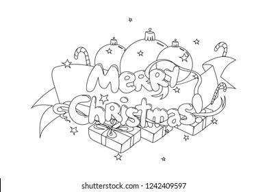 Merry Christmas. Hand drawned vector illustration. Black and white line art