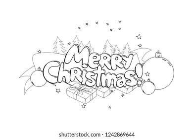 Merry Christmas. Hand drawned vector illustration. Black and white line art