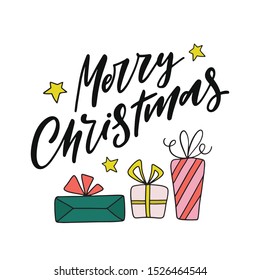 Merry Christmas. Hand lettered vector holiday quote with gifts and stars. Vector illustration. Isolated on white background