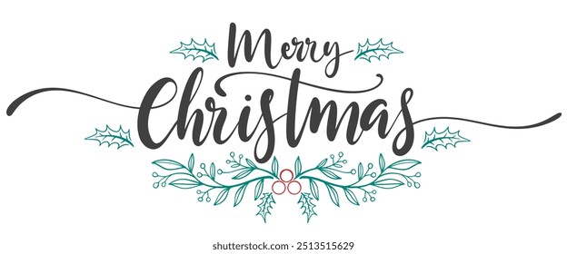 Merry christmas hand lettering calligraphy isolated on white background. Vector holiday illustration element. Merry Christmas script calligraphy