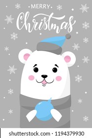 Merry Christmas Hand Lettering Card Design. Sketched Polar Bear And Snow Flakes Make It Perfect For Christmas Posters, Banners, Home Decpr Ideas. Vector Illustration Eps 10