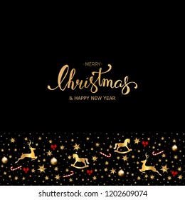 Merry Christmas with hand lettering and  Decorative Border made of Festive Elements on black background Vector illustration