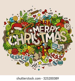 Merry Christmas hand lettering and doodles elements background. Vector colorful illustration