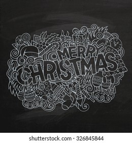 Merry Christmas hand lettering and doodles elements background. Vector chalkboard illustration