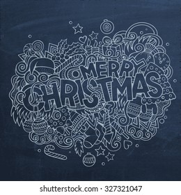 Merry Christmas hand lettering and doodles elements background. Vector chalkboard illustration