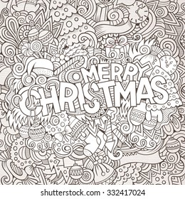 Merry Christmas hand lettering and doodles elements background. Vector sketchy illustration