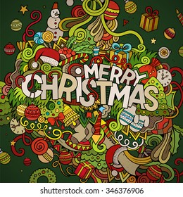 Merry Christmas hand lettering and doodles elements background. Vector colorful illustration