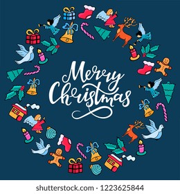 Merry Christmas hand lettering. Festive frame for the New Year in doodle style on blue background