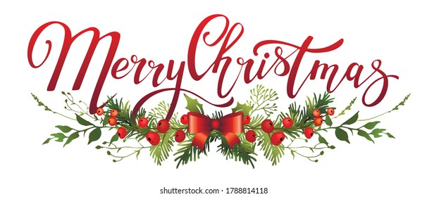 Merry Christmas hand lettering with festive garland. Vector illustration. 