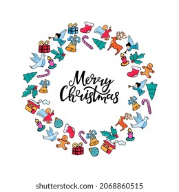 Merry Christmas hand lettering. Festive round frame for the New Year in doodle style.