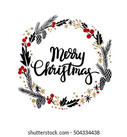 Merry Christmas Hand Lettering Greeting Card. Modern Calligraphy. Christmas Wreath