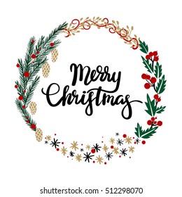 Merry Christmas hand lettering greeting card. Modern calligraphy. Christmas Wreath