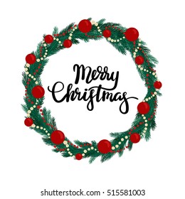 Merry Christmas hand lettering greeting card. Modern calligraphy. Christmas Wreath