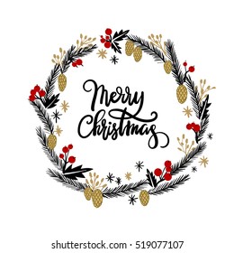 Merry Christmas hand lettering greeting card. Modern calligraphy. Christmas Wreath. Vector Illustration