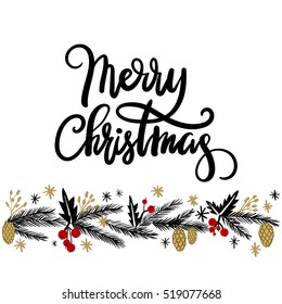 Merry Christmas Hand Lettering Greeting Card. Vector Illistration. Modern Calligraphy.