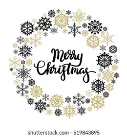 Merry Christmas hand lettering greeting card. Modern calligraphy. Vector Christmas snowflake wreath. 
