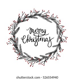 Merry Christmas hand lettering greeting card. Modern calligraphy. Wreath