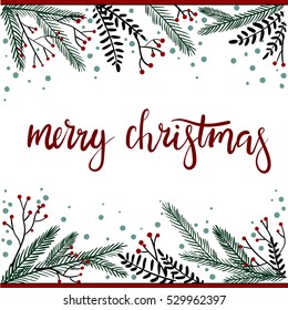 Merry Christmas Hand Lettering Greeting Card. Vector Illustration. Modern Calligraphy. Isolated on White Background