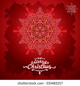 MERRY CHRISTMAS hand lettering - handmade calligraphy with elegant snowflake, vector Illustration