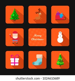 Merry Christmas hand lettering inscription. Postcard with Christmas trees, a gift, a deer, a snowman. Vector illustration for card.