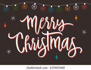 Merry Christmas hand lettering inscription to winter holiday design. Calligraphy vector illustration, retro style.