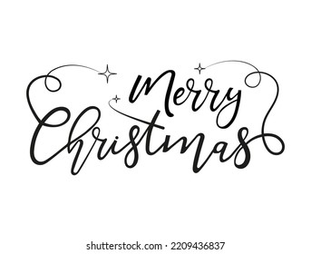 Merry Christmas hand lettering inscription with stars and flourishes isolated on white. Hand drawn Xmas concept for greeting card, invitation, banner, print.Modern calligraphy card vector illustration